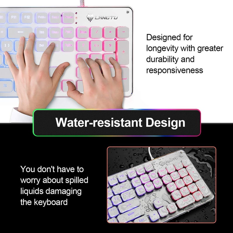 LANGTU Membrane Gaming Keyboard, Rainbow LED Backlit Quiet Keyboard for Office, USB Wired All-Metal Panel 25 Keys Anti-ghosting Computer Keyboard 104 Keys - L1 White/Silver - Image 4